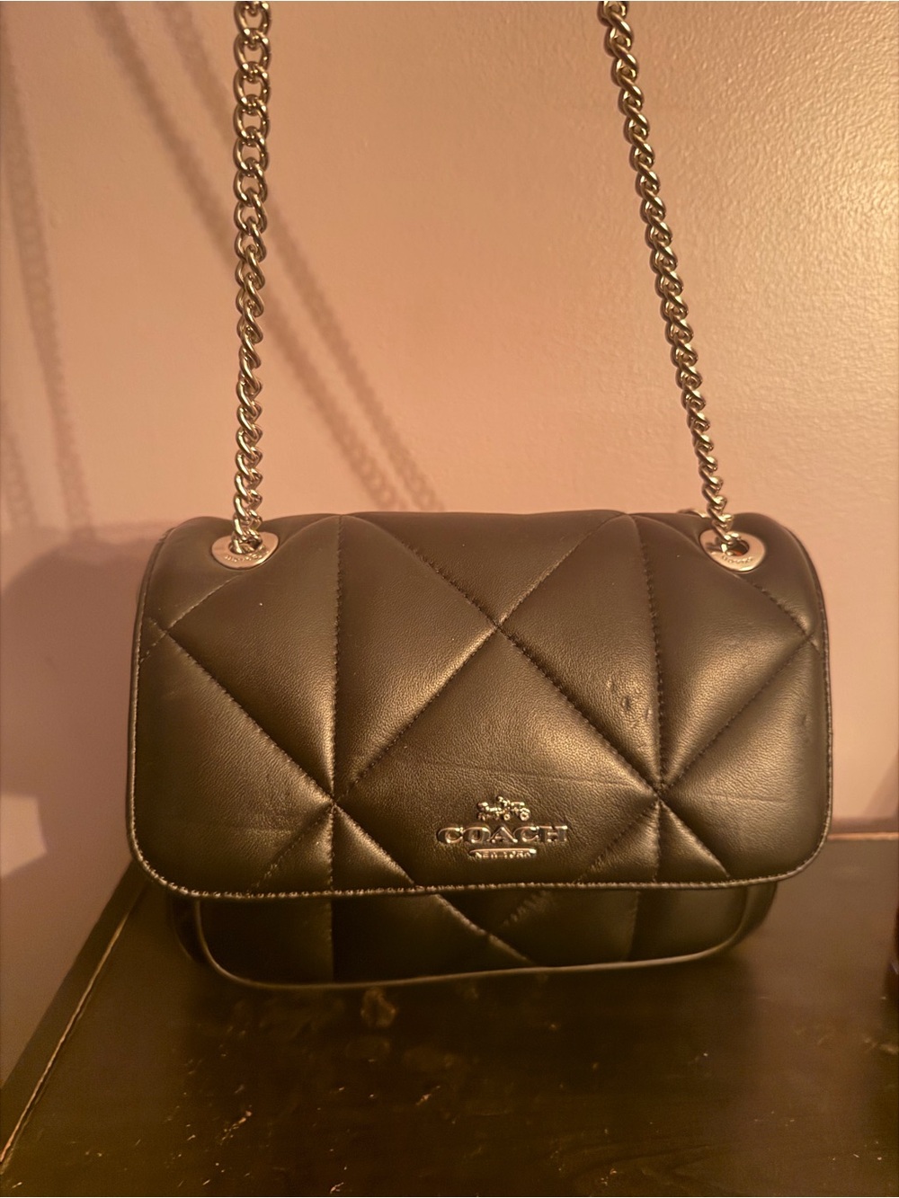 Coach Quilted Black Leather Shoulder Bag with Chain Strap